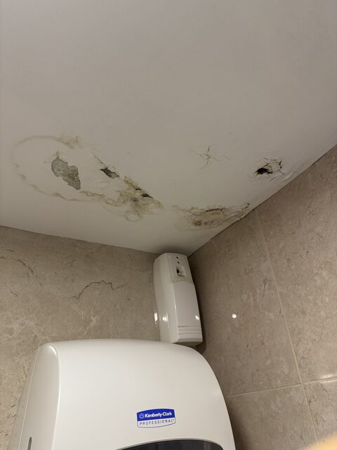 Water damage and cracked plaster on a ceiling inside the Prayer Tower